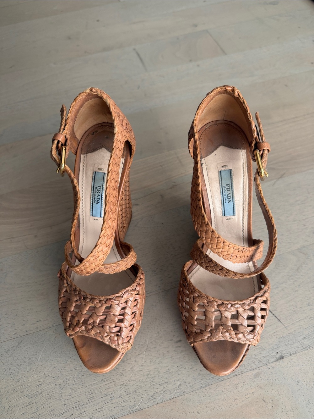 Prada Braided Tan Leather Ankle-Strap Heels